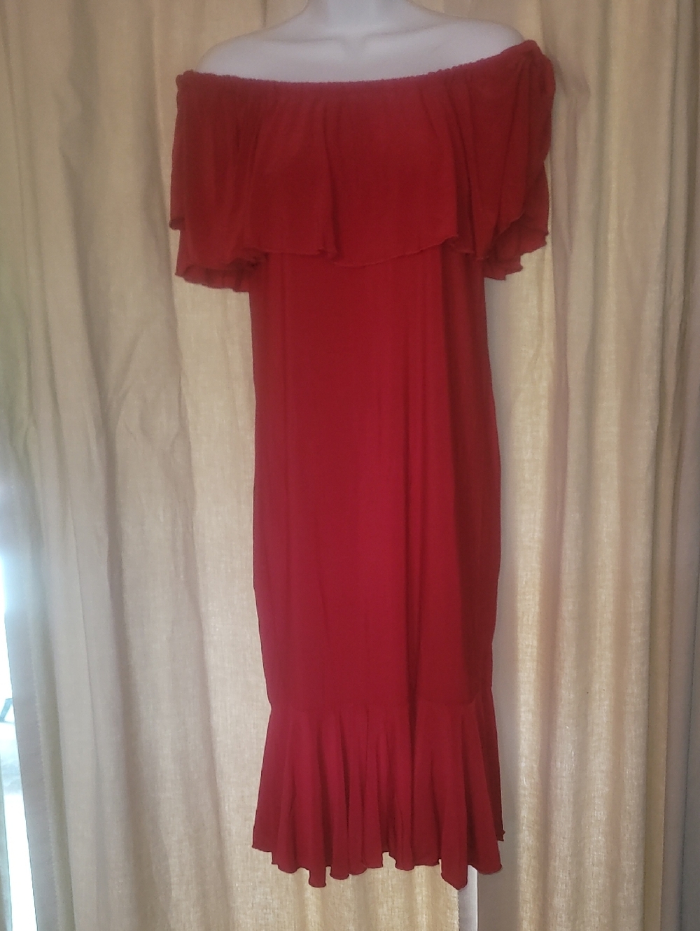 LuLaRoe Off-Shoulder Red Ruffle Cici Midi Dress